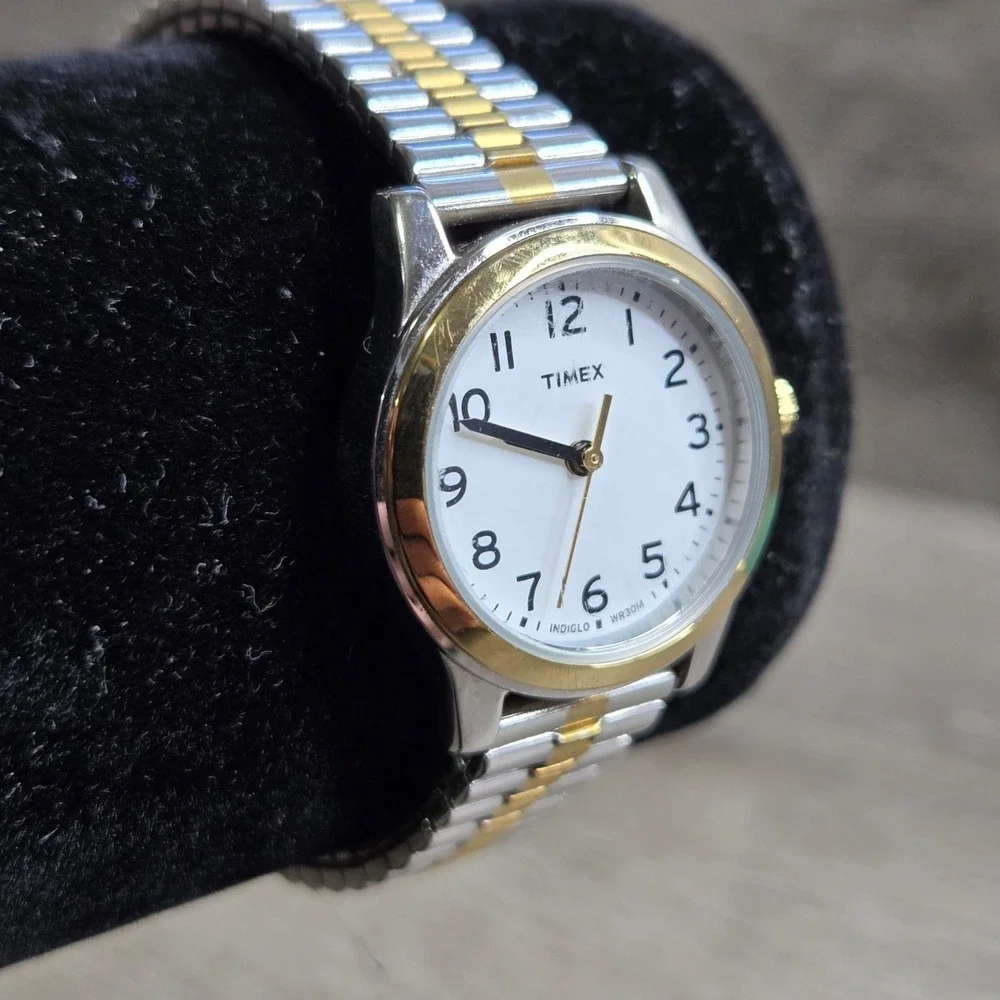 Timex Indiglo Women's Watch T2H371 Two Tone Expansion Band White Dial WR 30M S6